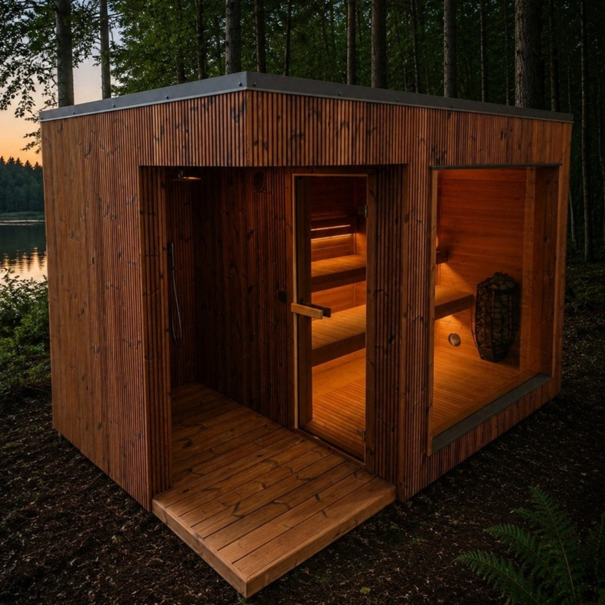 Modern Sauna mit Duschplatz und Panorama-Glasfront