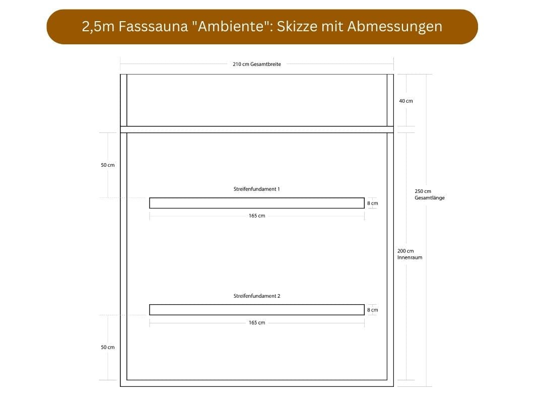 Montag Fasssauna mit Holzofen, Modell Ambiente, Skizze mit Abmessungen