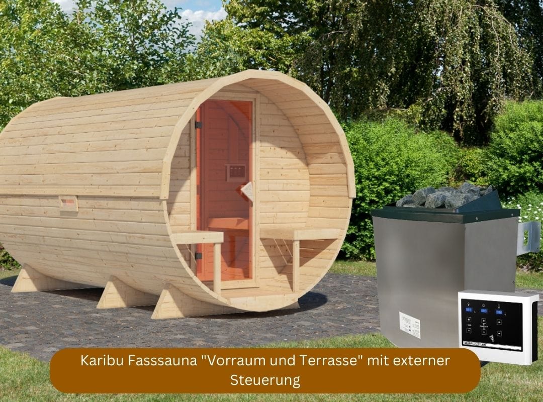 Karibu Sauna "Vorraum und Terrasse" mit Elektroofen und externer Steuerung